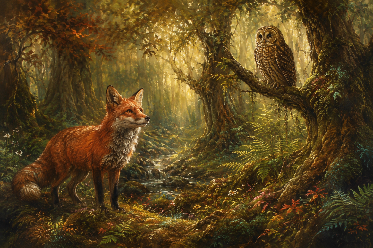 A fox and owl in a golden woodland