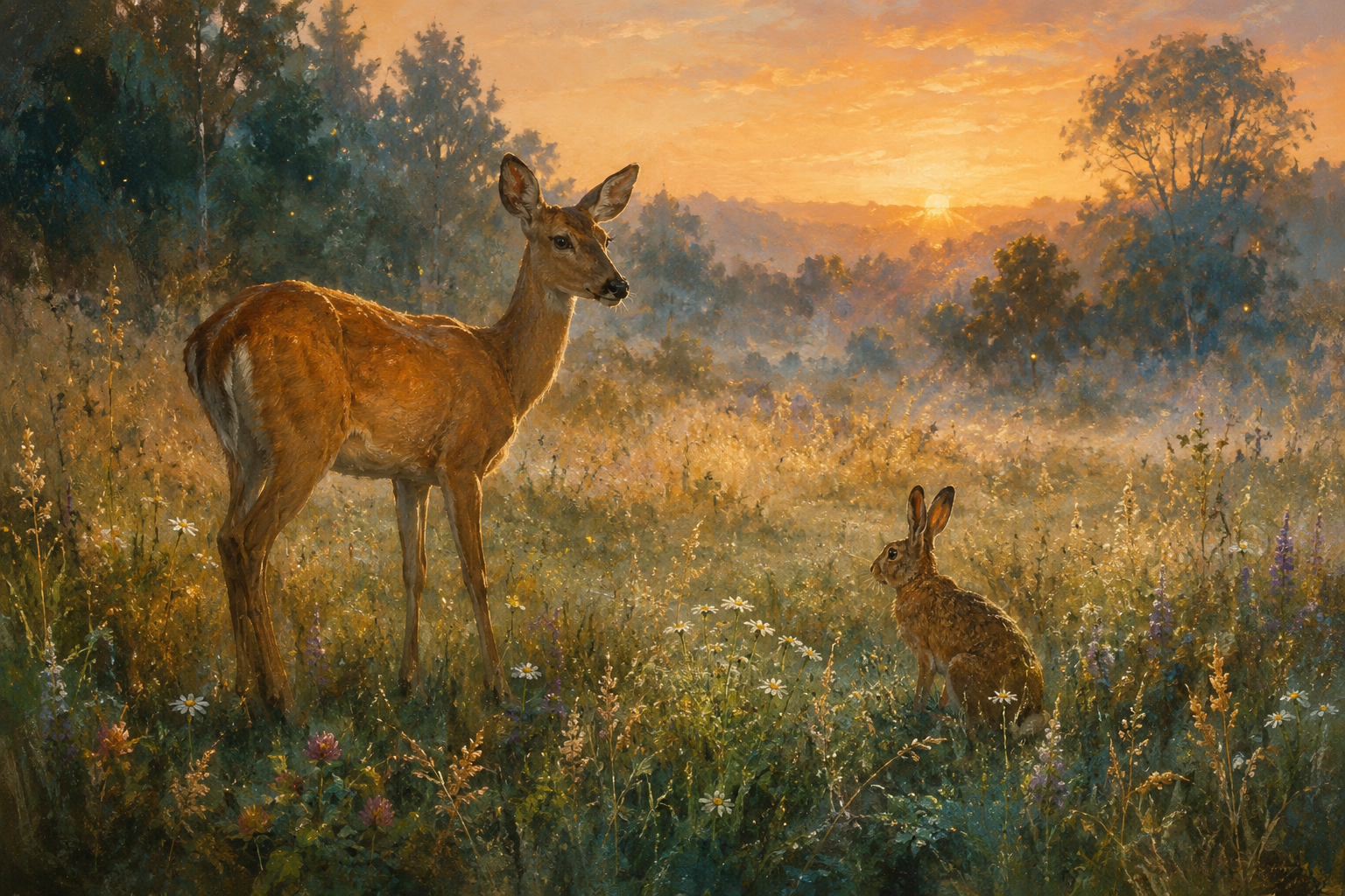 A deer and hare in a glowing meadow at dawn