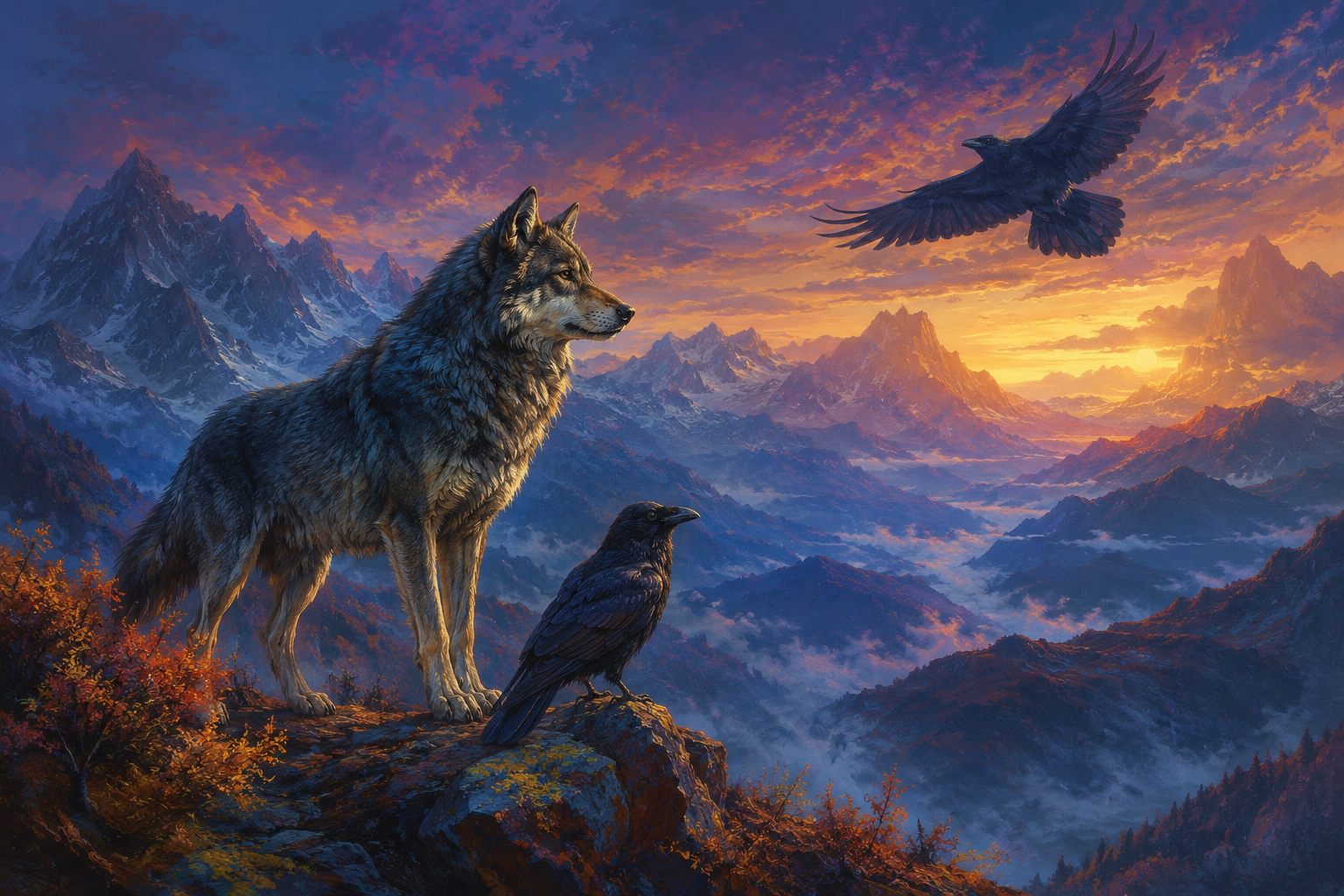 A wolf and ravens overlooking colourful mountains at twilight